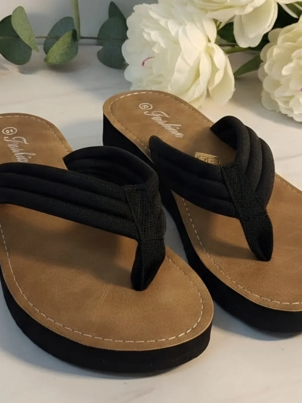 Fashion Forms Black Thong Sandals with Tan Footbed
